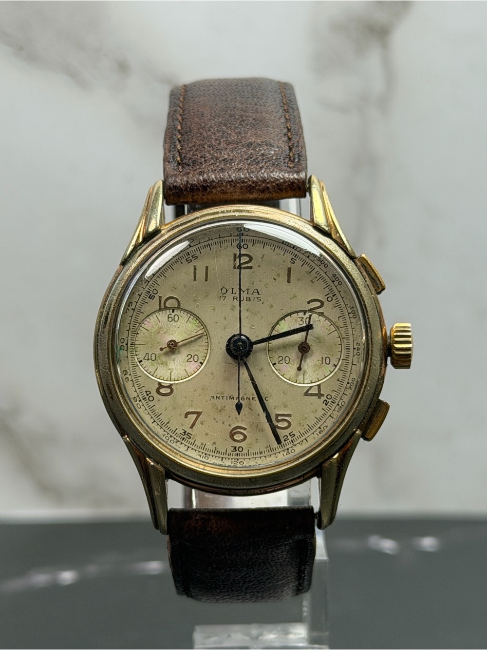 Vintage Olma Swiss Chronograph Manual Wind Gold Plated Watch Running